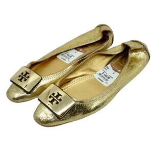 TORY BURCH~Georgia~METALLIC GOLD LEATHER BALLET FLATS DRIVING SHOES SIZE 9M